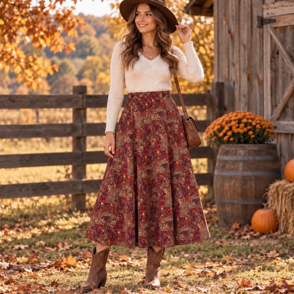 CJ Banks Flared A-Line Midi Skirt Size XL Microsuede Floral Stretch Fall Vibes